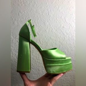 Green Satin Block Heel